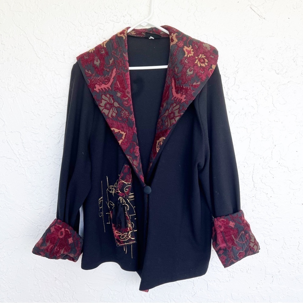 AHNI Black Tapestry Plus Size Cardigan Sweater Red Embroidery 3X